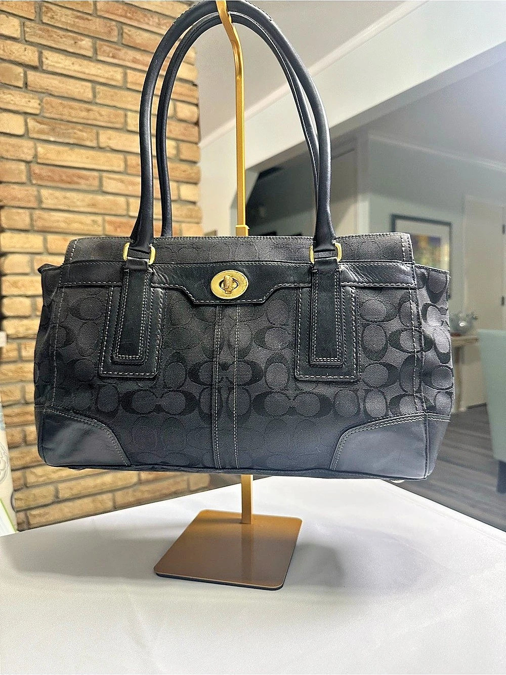 Coach Hamptons Signature Black Jacquard Turnlock Carryall Tote With Leather Trim